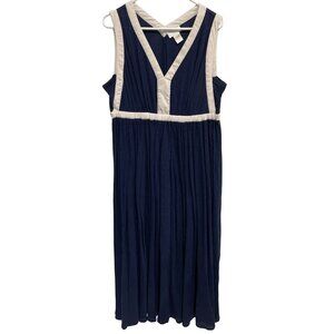 Soft Surroundings Maxi Dress Size XL V Neck Sleeveless Navy Blue White Nautical